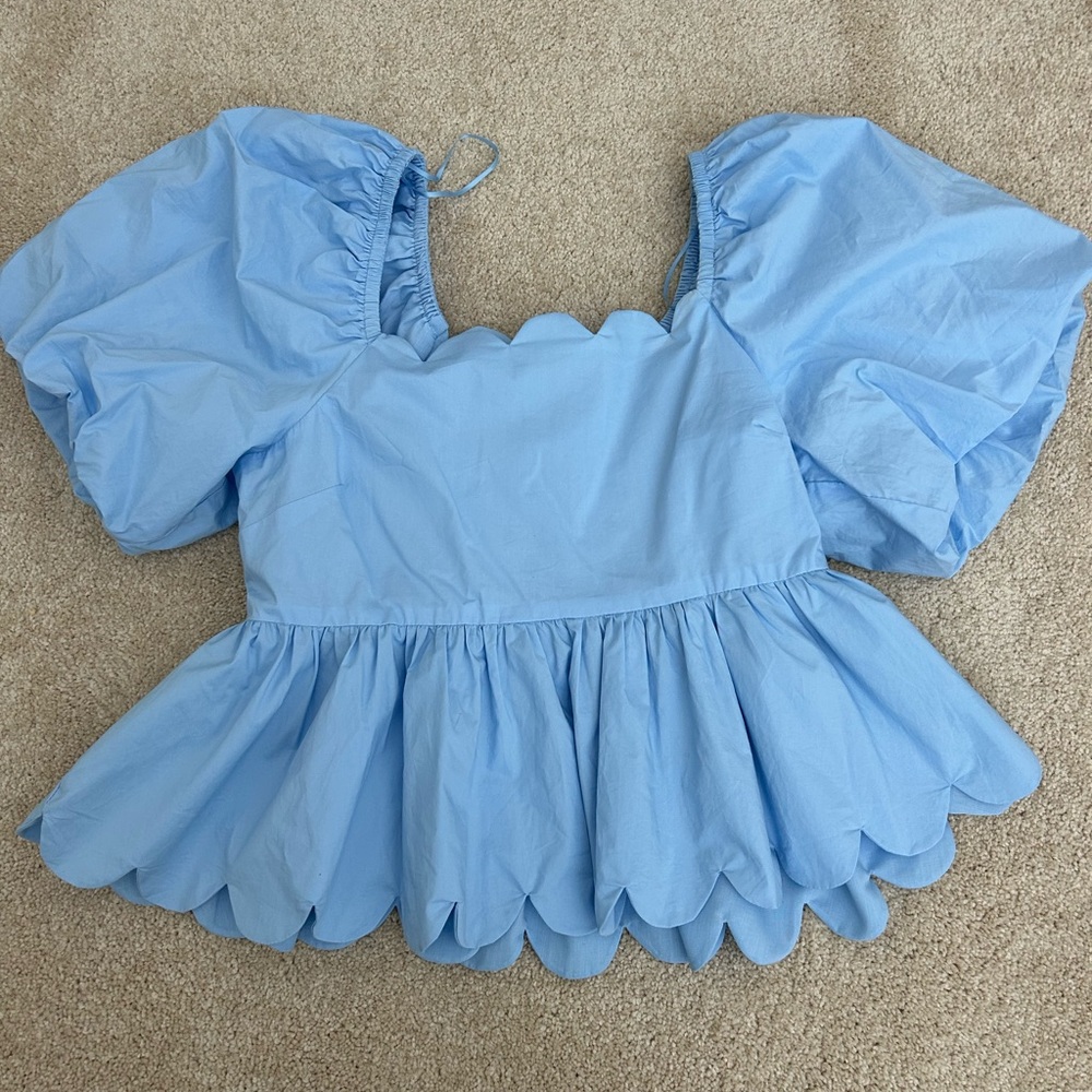 English Factory Light Blue Scallop Puff Sleeve Top